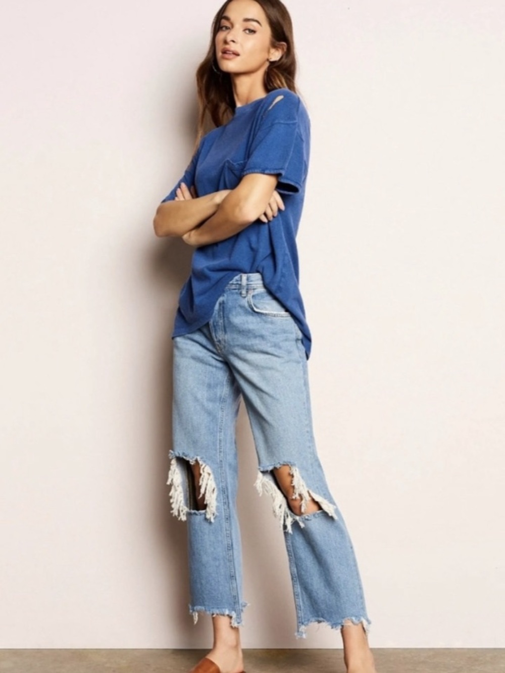 Free People We The Free Maggie Straight Leg Jeans Blue Distressed Jeans